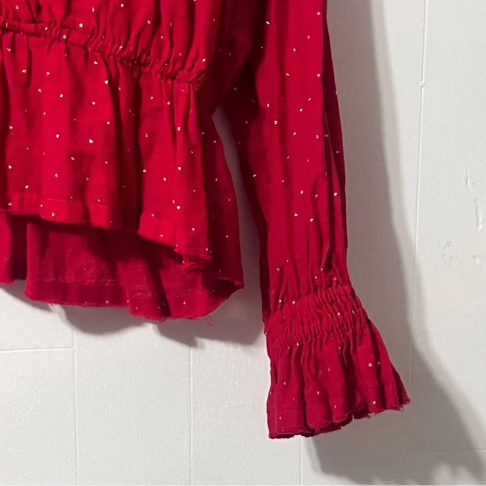 Free People Counting Stars Puff Sleeves Ruffle Hem Boho Peasant Top Size S